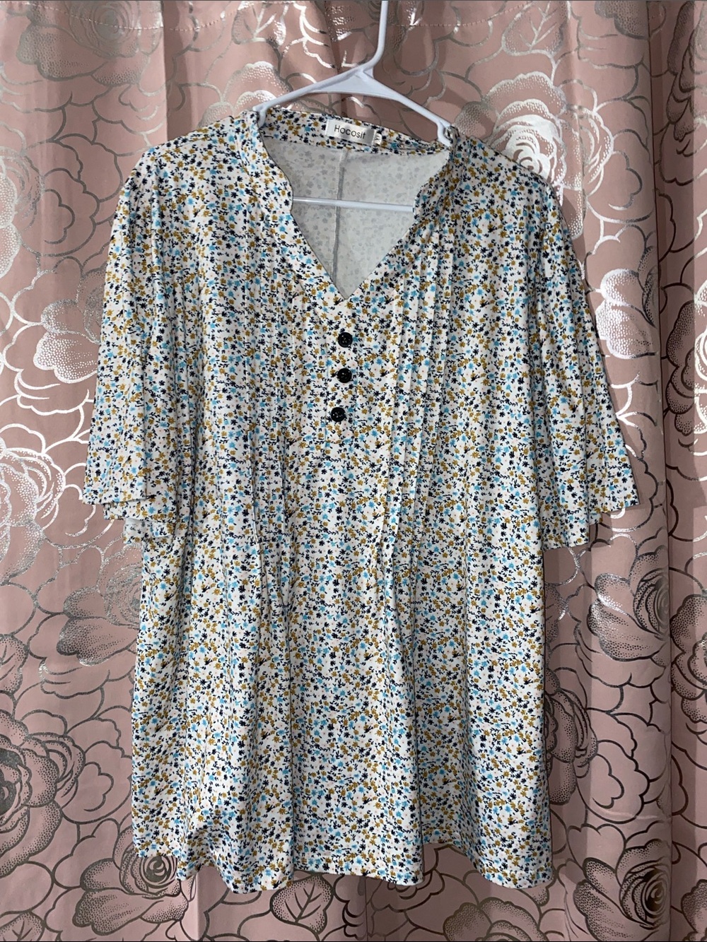 Hocosit Floral Print Pleated Front V-Neck Blouse Tunic Top XL